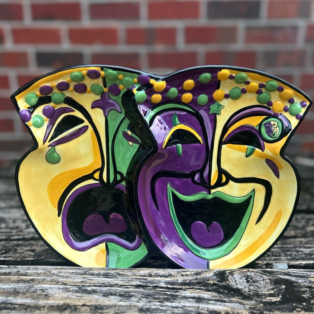 2006 Pacific Hand Painted Ceramic Mardi Gras Carnival Divided Tray 12" x 9 1/2"